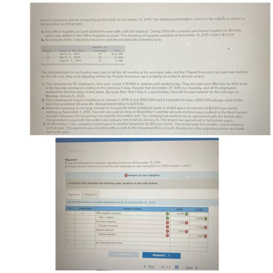Arnez Companys annual accounting period ends on December 31 2019. The following information concerns the adjusting entries t