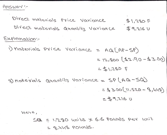 Answer- Direct materials Direct materials price variance Quantity variance $1,280 F $9,216 Explanations D naterials price v
