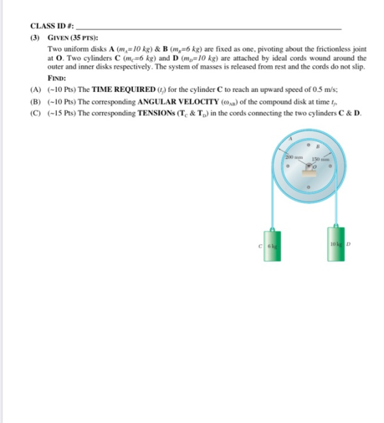 CLASS ID#: (3) GIVEN (35 PTS): Two uniform disks A (m=10 kg) & B (my=6 kg) are fixed as one, pivoting about the frictionless