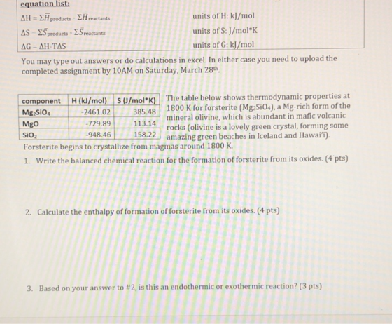 equation list: AH = IH products - H reactants units of H: kJ/mol AS = ES products - ES reactants units of S: J/mol*K AG = AH-