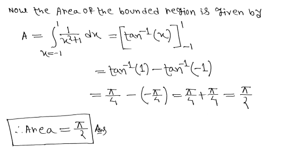 Now the area of the bounded region is given by At sati dok = tem cap] n= 1 =tan (1) tan?(-1) = -(5)- + = ..Anea-