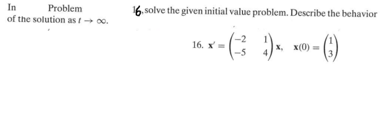 In Problem of the solution as t- Oo 16,solve the given initial value problem. Describe the behavior 2 16. х — 5 х, х(0) 4