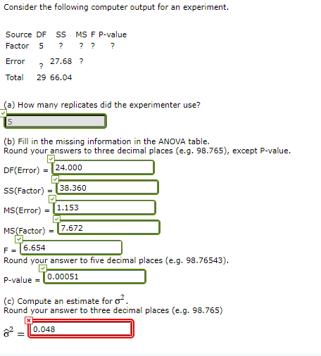 Consider the following computer output for an experiment. Source DF Factor 5 SS ? MS F P-value ?? ? Error 27.68 ? ? 29 66.04