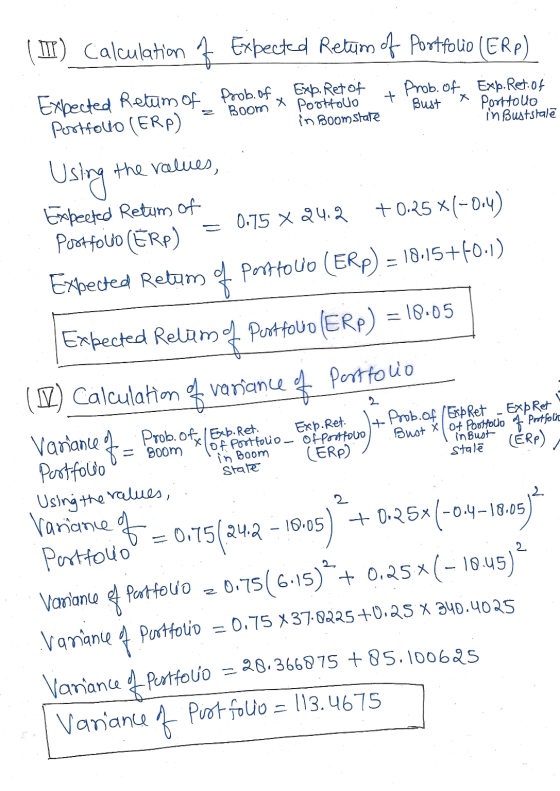 X II) Calculation 7 Expected Retem of portfolio (ERP) Expected Rethm of Prob. of Exp. Ret of Prob. Of Exp. Ret. of Boom x Por