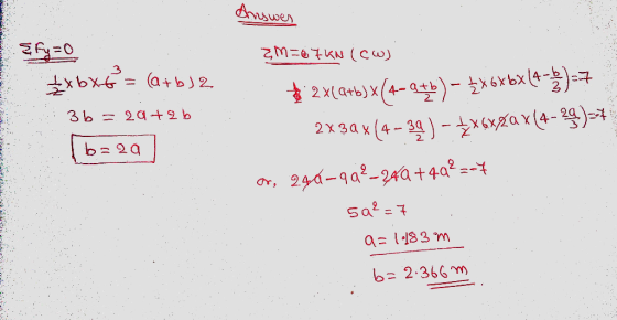 Answers E ?m=67KN (Cw) {fy=0 txbx6 = (a+b)2 36 = 29+2b (6=2a * 2X(a+b)x(4-qb) – £x6xbx(4-3)=7 2x39x(4-39-4x6xQax(4-29)=7 a, 2