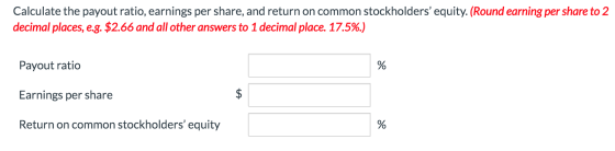 Calculate the payout ratio, earnings per share, and return on common stockholders equity. (Round earning per share to 2 deci