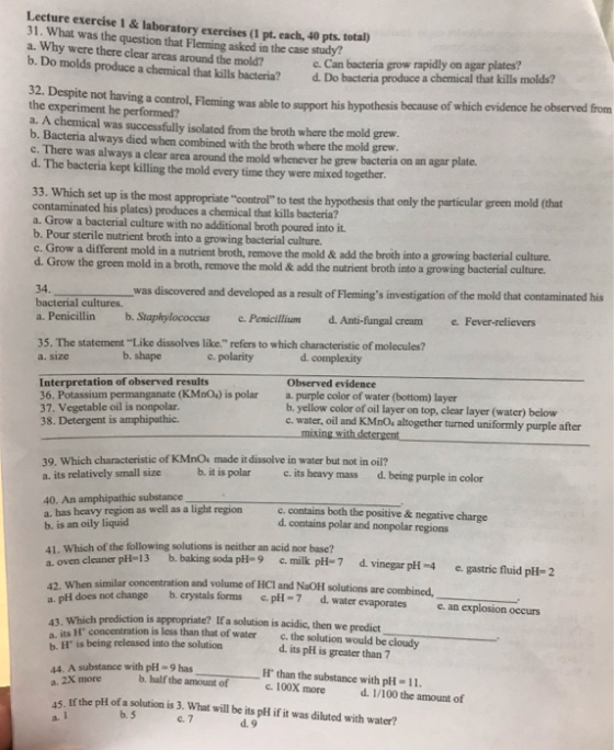 Lecture exercise 1 & laboratory exercises (1 pt. cach, 40 pts. total) 31. What was the question that Fleming asked in the cas