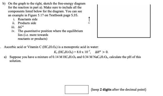 - b) On the graph to the right, sketch the free-energy diagram for the reaction in part a). Make sure to include all the comp