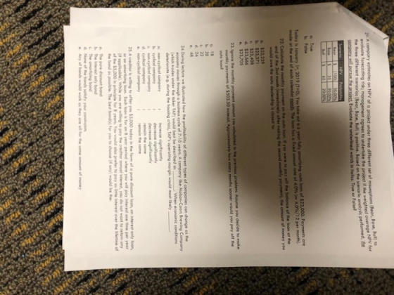 21. A company estimates an NPV of a project under three different set of ossumptions (Beor, Bose, Bull) to evoluate forecasting iskj management agrees to undertoke the project if the weighted average NPV for Based on the scenario analysis performed, the Fohe? Evoluate the a. True b. Fose Today is lonuery 1, 2019 (T-O,. You take out a 6 yeor fully omortizing outo loan of $23,000. Payments ore mode at the end of each colender mant he loon hos o fixed onnol role of 40%(or 40%/12per month. of the loan at the end of the 2nd month (inmediately after moking the secoed monthly payment), the amount of money you would owe the outo dealership is closest to e. $23,70 Assume you decide to moke sooner would you pay off the outo loon a 18 b. 20 d. 24 e. 48 con change os the Company (which trodes under the ticker TAP) would best be deteriorate (e.g during the housing crisisL TAPs opereting margin would most likely increase significonly significontly emon the some remain the some 2S. A creditor is willing to offer you $5,000 today in the form of o pure dincount loon, an interest only loon, oon. Each loon is for on 8 year peried where you will pay interest one time per year (if opplicoble). While you are willing to pay the creditor onnual interest, you do not wont to returm ony of the $5,000 in principle for 8 yeon. You would oso prefer to pay os lile interest over the lifetime of the bond os possible. The best bondsl for you to choose (if any) would be the o The pure discount bond b. The c. The d. None of the bonds satlsty your constroin e. Any of bondh would work os they are ell for the some omount of money only bond