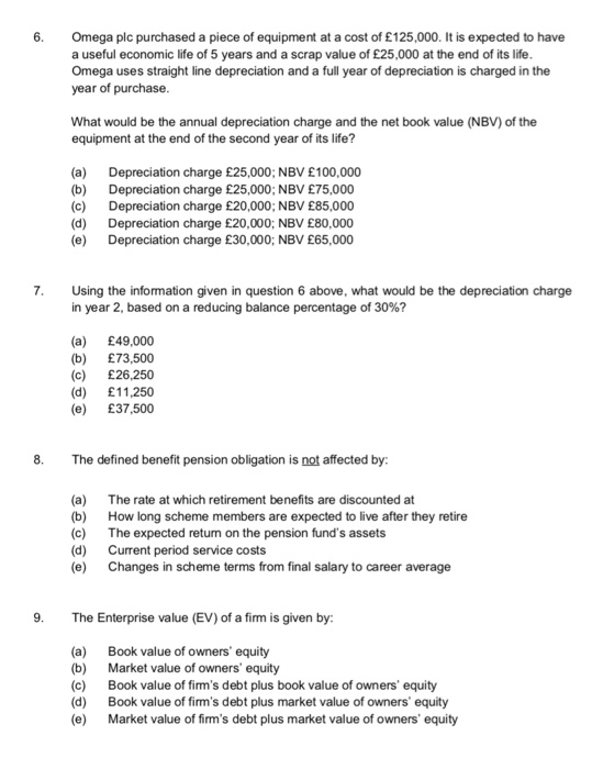 6. Omega plc purchased a piece of equipment at a cost of £125,000. It is expected to have a useful economic life of 5 years and a scrap value of £25,000 at the end of its life Omega uses straight line depreciation and a full year of depreciation is charged in the year of purchase What would be the annual depreciation charge and the net book value (NBV) of the equipment at the end of the second year of its life? (a) (b) (c) (d) (e) Depreciation charge £25,000; NBV £100,000 Depreciation charge £25,000; NBV £75,000 Depreciation charge £20,000; NBV £85,000 Depreciation charge £20,000; NBV £80,000 Depreciation charge £30,000; NBV £65,000 7. Using the information given in question 6 above, what would be the depreciation charge in year 2, based on a reducing balance percentage of 30%? (a) £49,000 (b) £73,500 (c) £26,250 (d) £11,250 (e) £37,500 8. The defined benefit pension obligation is not affected by: (a) The rate at which retirement benefits are discounted at (b) How long scheme members are expected to live after they retire () The expected return on the pension funds assets (d) Curent period service costs (e) Changes in scheme terms from final salary to career average 9. The Enterprise value (EV) of a firm is given by (a) (b) (c) (d) (e) Book value of owners equity Market value of owners equity Book value of firms debt plus book value of owners equity Book value of firms debt plus market value of owners equity Market value of firms debt plus market value of owners equity