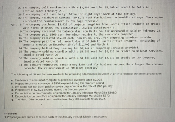 23 The company sold merchandise with a $2,550 cost for $3,400 on credit to Delta Co., invoice dated February 23. 26 The compa