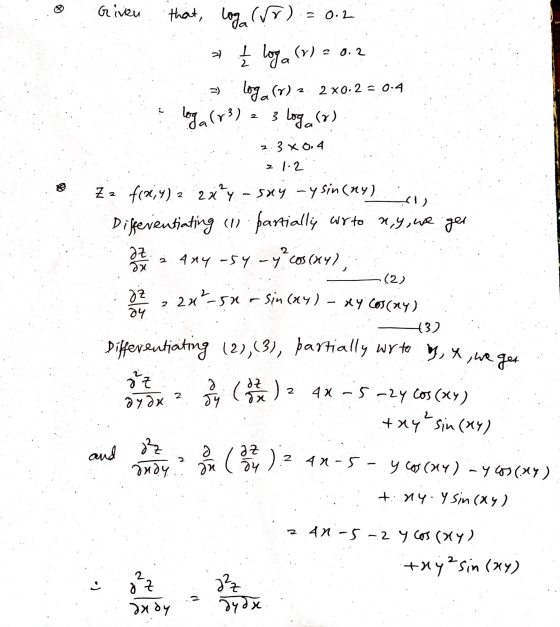 Given = 0.2 that loga (v) ₂ loga (v) = 0.2 loga (V) 2. 2x0.2 = 0.4 loga (73) 3 loga (7) 2 2.3 xo. 4 2 1.2 ۱) Z z frany) 2 2xy