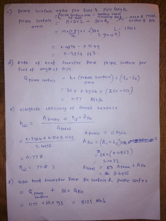 c) Prime Su pace agea Per footp- pipe long th Sus face avea tovered by fisharaCrUSS of tu b Pri me Surtace 9 3924 ft2 d) Rate