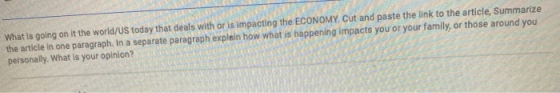What is going on it the world/US today that deals with or is impacting the ECONOMY. Cut and paste the link to the article, Su