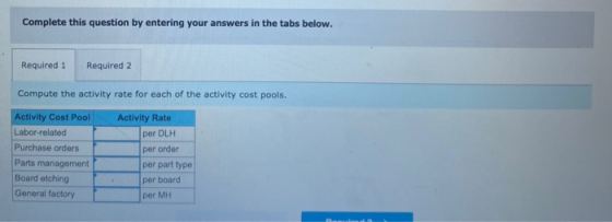 Complete this question by entering your answers in the tabs below. Required 1 Required 2 Compute the activity rate for each o