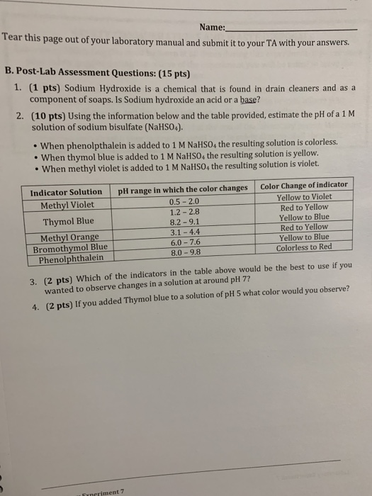 Name: Tear this page out of your laboratory manual and submit it to your TA with your answers, B. Post-Lab Assessment Questio