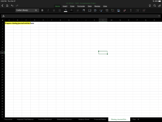 96% 3:03 PM Thu Feb 27 <a se Calibri (Body) AC 321 Intl - FA19 - Comprehensive Project Insert Draw Formulas Data Review 8 Q o