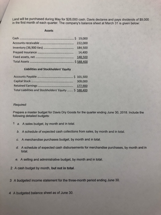 Land will be purchased during May for $26,000 cash. Davis declares and pays dividends of $9,000 in the first month of each qu