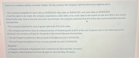 Oulum is a company selling consumer staples. During a period, the company had the following budgeting plans. • The company bu