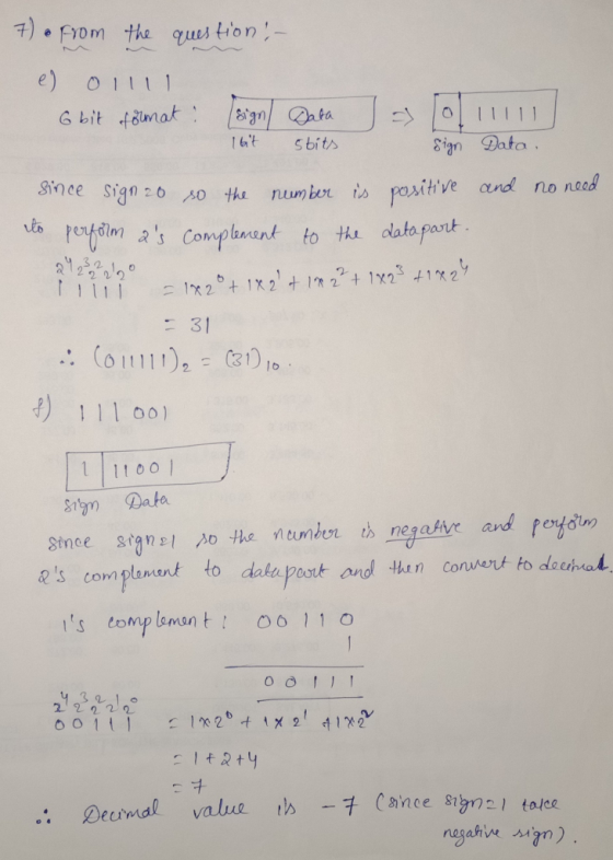 7) Forn the guntion! e) 0111 8ian Dato Since sign 20 so thi number. ts fow !叫8m as Complement to th1 datapant 2. 31 ) 11 1 oo1 1100 es com planant to data pook and hen conuert to destre s tomp lemant oo 11 0 142t