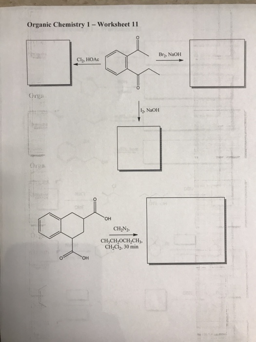 Organic Chemistry 1-Worksheet 11 Br, NaOH Cl, HOAc Orga , NaOH Orga он CH,N CH,CH,OCH,CH CH2Cl, 30 min ОН