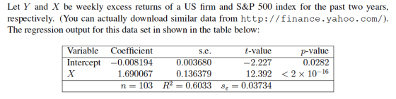 Let Y and X be weekly excess returns of a US firm and S&P 500 index for the past two years, respectively. The regression output for this data set in shown in the table below: (You can actually download similar data from http://finance.yahoo.com/) Variable Coefficient Intercept -0.008194 1.690067 t-value p-value 0.0282 12.392<2×10-16 s.e. 0.003680-2.22 7 0.136379 n 103 R 0.6033 s 0.03734