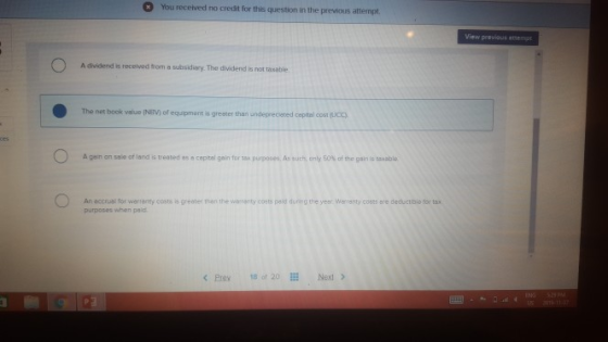 * You received no credit for this question in the previous attempt View previous MDE e ) A dividend is received from a subsid