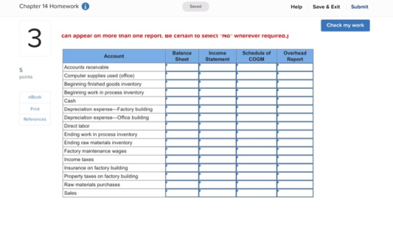 Chapter 14 Homework Help Save & Exit Submit Check my work can appear on more than one report. Be certain to select NO wnere