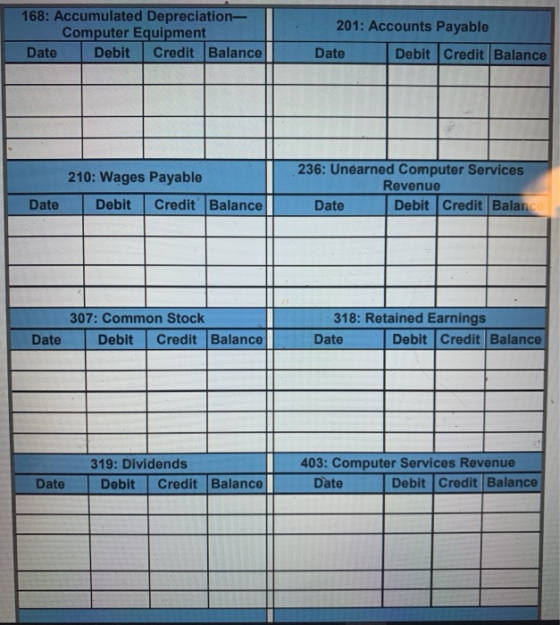 168: Accumulated Depreciation- Computer Equipment Date Debit Credit Balance 201: Accounts Payable Date Debit Credit Balance 2