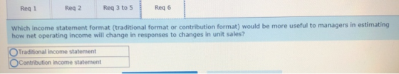 Reg 1 Reg 2 Req 3 to 5 Reg 6 Which income statement format (traditional format or contribution format) would be more useful t