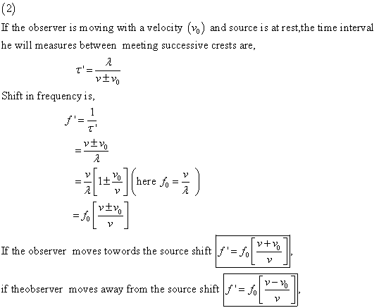 If the observer is moving with a velocity (vo) and source is at rest,the time interval he will measures between meeting successive crests are Shift in frequency is here =- vtv If the observer moves towords the source shift |j v一场 if theobserver moves away from the source shift |f-