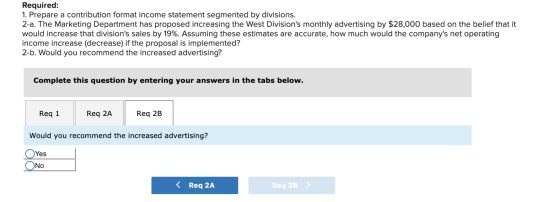 Required: 1. Prepare a contribution format income statement segmented by divisions. 2-a. The Marketing Department has propose