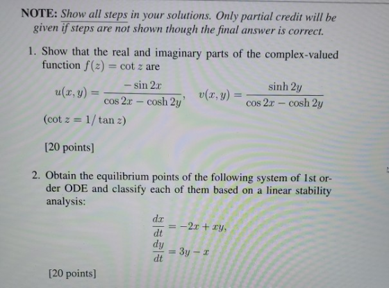 NOTE: Show all steps in your solutions. Only partial credit will be given if steps are not shown though the final answer is c
