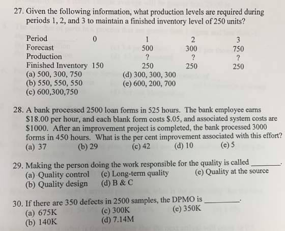 27. Given the following information, what production levels are required during periods 1, 2, and 3 to maintain a finished in
