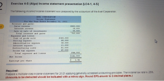 Exercise 4-5 (Algo) Income statement presentation (LO4-1.4-5] The following incorrect income statement was prepared by the ac