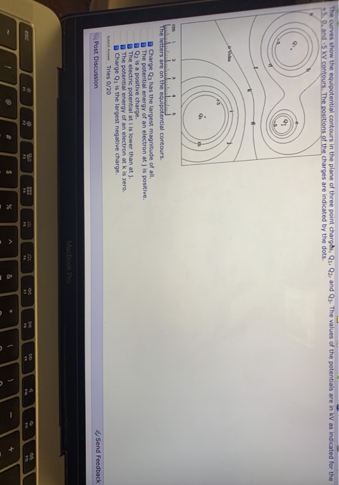 The curves show the equipotential contours in the plane o three point charges 1 2 and 3 Thevalues o the potentia sare n ㎸ as