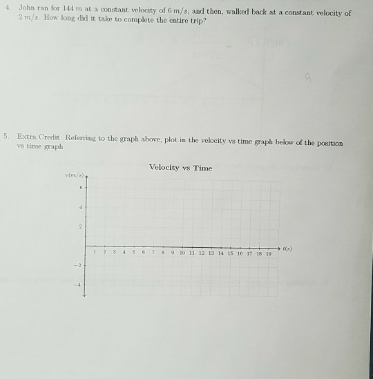 4. John ran for 144 m at a constant velocity of 6 m/s; and then, walked back at a constant velocity of 2 m/s. How long did it take to complete the entire trip? 5. Extra Credit: Referring to the graph above, plot in the velocity vs time graph below of the position vs time graph Velocity vs Time t(s) 1 2 3 5 67 8 9 10 11 12 13 14 15 16 1T 18 19