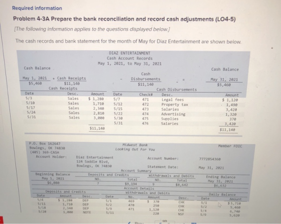 Required information Problem 4-3A Prepare the bank reconciliation and record cash adjustments (L04-5) [The following informat