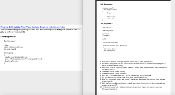 Code fragment 2: template <class T> Tplus slancio, T12) ( Tret: Tet - ol +12 Tetun Tet; } Code fragment 3: Problem 1 (10 poin