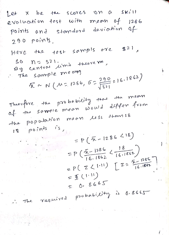Let y be the scores on a skill evoluation test with mean of 1286 points and standard deviation of 290 points. Here the test s
