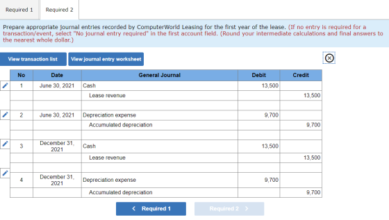 Required 1 Required 2 Prepare appropriate journal entries recorded by Computer World Leasing for the first year of the lease.