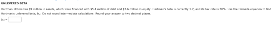 UNLEVERED BETA Hartman Motors has $9 million in assets, which were financed with $5.4 million of debt and $3.6 million in equ