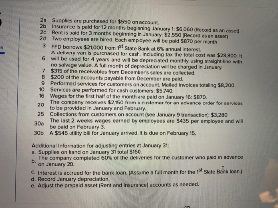 Supplies are purchased for $550 on account 2a Insurance is paid for 12 months beginning January 1: $6,060 (Record as an asset