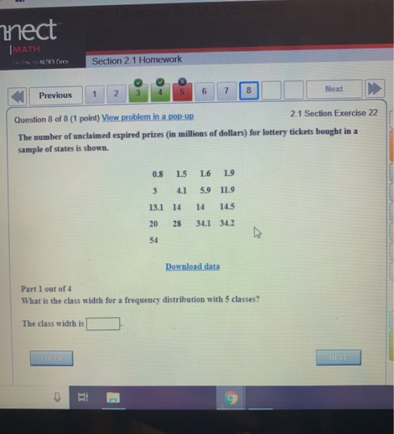 nect |MATH ALEKS Corp Section 2.1 Homework 6 Previous 1 2 8 Next 7 Question 8 of 8 (1 point) View problem in a pop-up 2.1 Sec