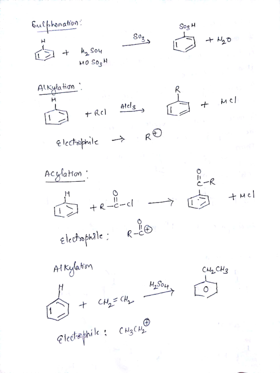 Bucphenation Sulphonation: Sogh som h + 450 SO3 + M20 2 + H₂ Sou MOSOH Alkylation G + Mel TO + Rel Alds → R Electrophile O A