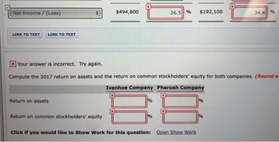 Net Income /(Loss) $494,800 26.5 % $192,100 34.4 % LINK TO TEXT LINK TO TEXT x Your answer is incorrect. Try again. Compute t