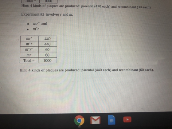 Total = 1000 Hint: 4 kinds of plaques are produced: parental (470 each) and recombinant (30 each Experiment #3_involves r and