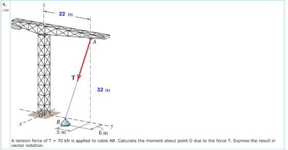 1182 - 22 m - 32 m BA 5 m 2 6 m A tension force of T = 70 kN is applied to cable AB. Calculate the moment about point o due t