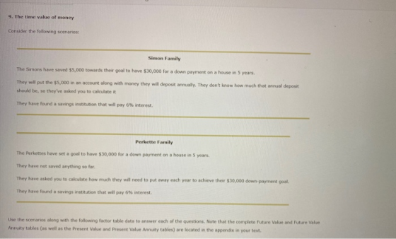 9. The time value of money Consider the following scenarios: Simon Family The Simons have saved $5,000 towards their goal to