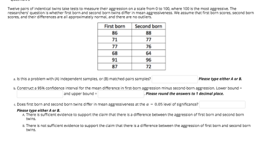 Twelve pairs of indentical twins take tests to measure their aggression on a scale from 0 to 100, where 100 is the most aggre